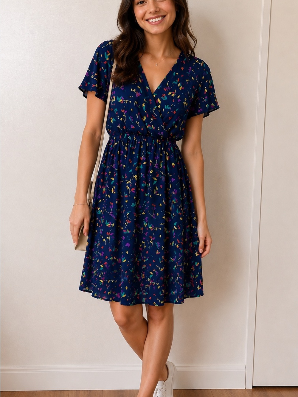 Navy Floral V-Neck Midi Dress